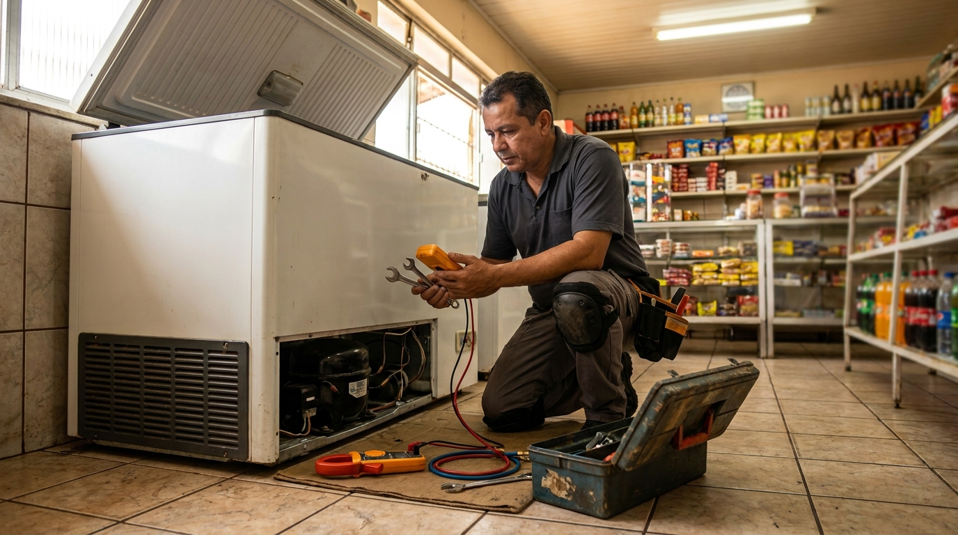 Técnico realizando manutenção de motor de freezer na Glória, Vila Velha‑ES