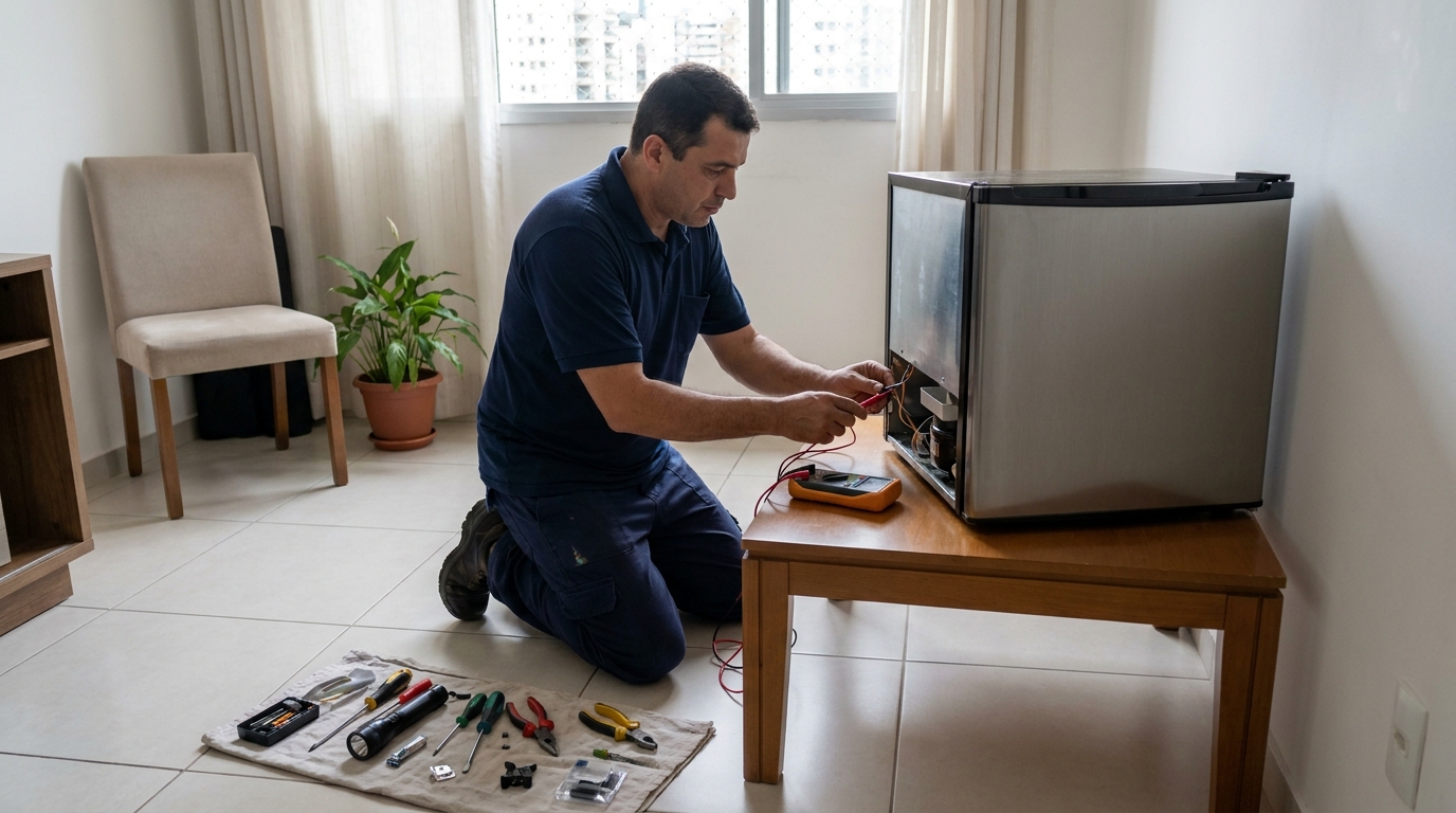 Técnico realizando manutenção de motor de frigobar na Morada da Barra, Vila Velha‑ES