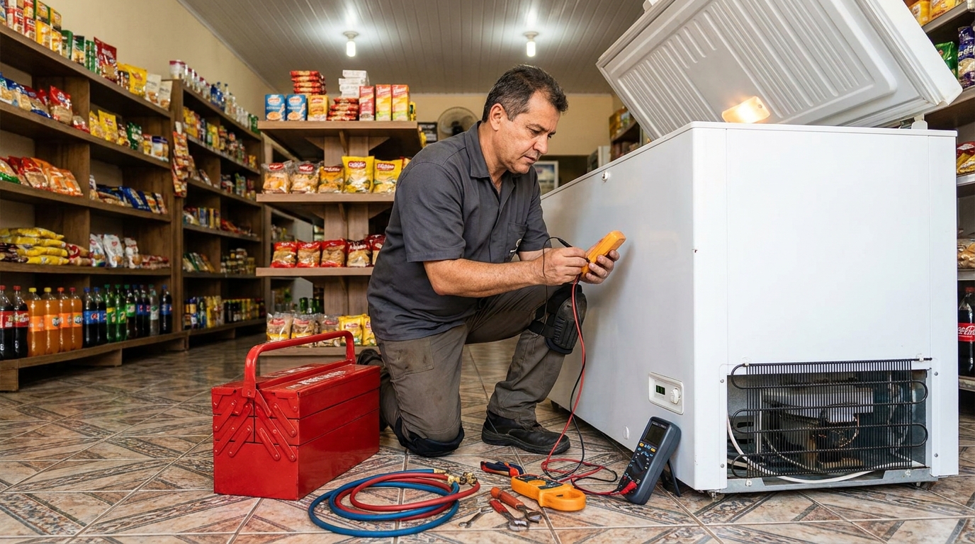 Recarga de gás refrigerante em freezer em atendimento na Glória, Vila Velha‑ES