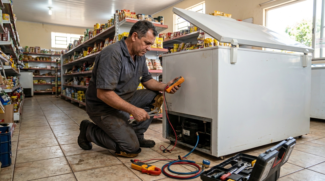 Troca de termostato de freezer em atendimento técnico na Glória, Vila Velha‑ES